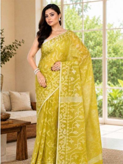 1SKU SEJ2665 Ships in 11 daysNew Handloom Pure Cotton Jamdani Sarene in Light Gree